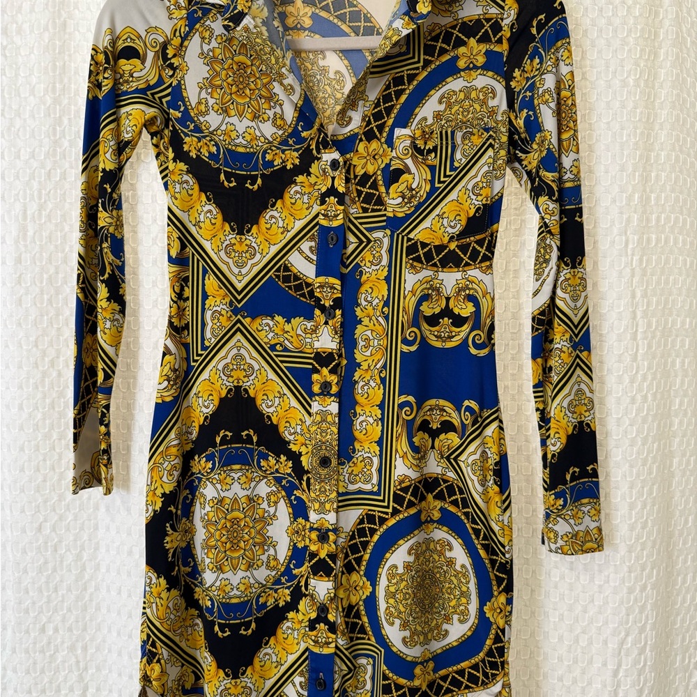 Timing Baroque Print Long Sleeve Dress - Blue, Gold, Black